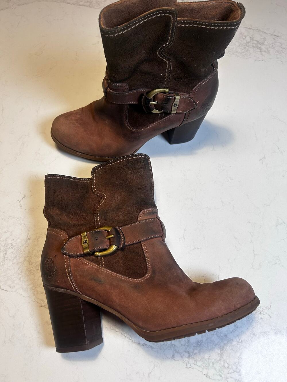 Timberland Waterproof Leather Heeled Boots Brown Moto Buckle Women’s Size 8.5